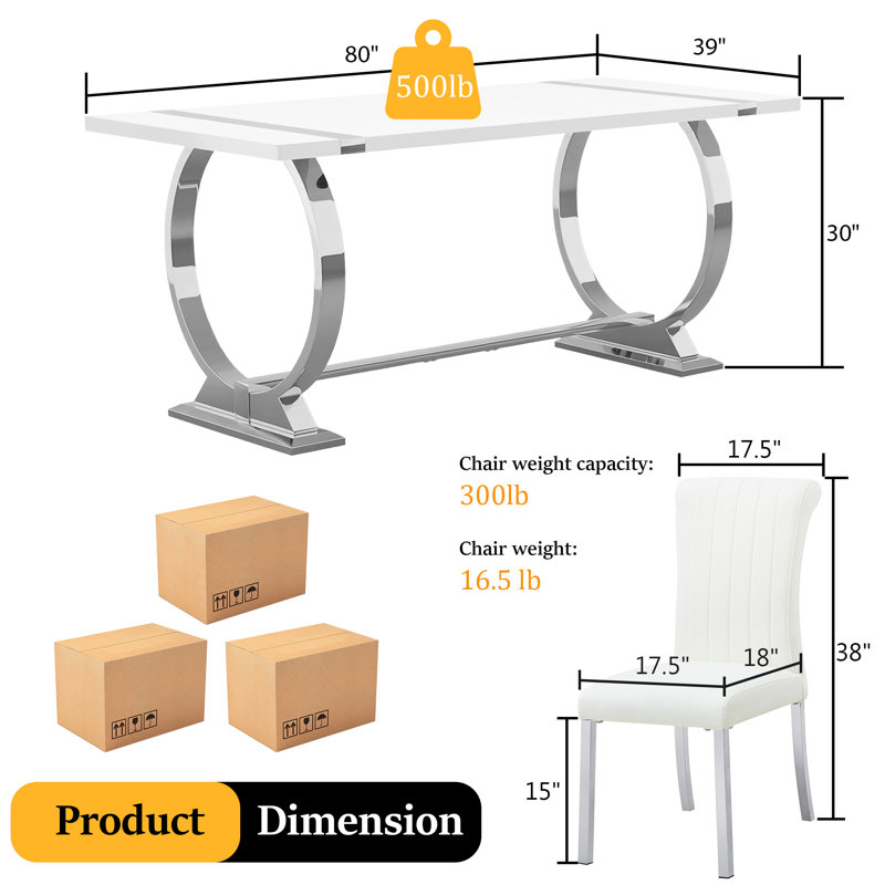 Ensemble de tabel de salle à manger rectangulaire moderne 5 pièces l 80 po, H 30 po x l 80 po x P 39 po, Argent argent