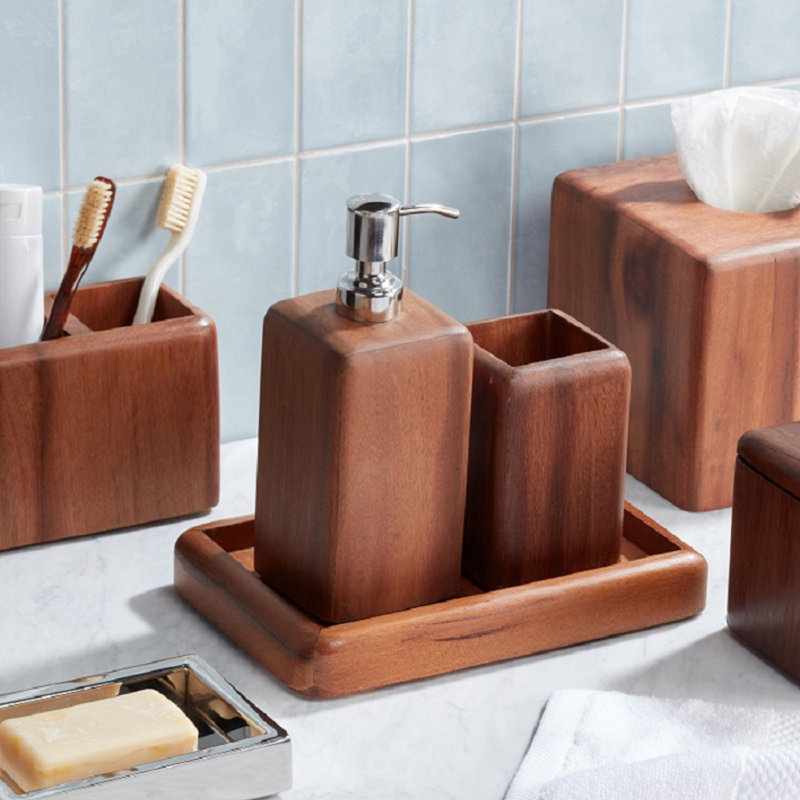 Rustic Wood and Metal Bathroom Accessory Set