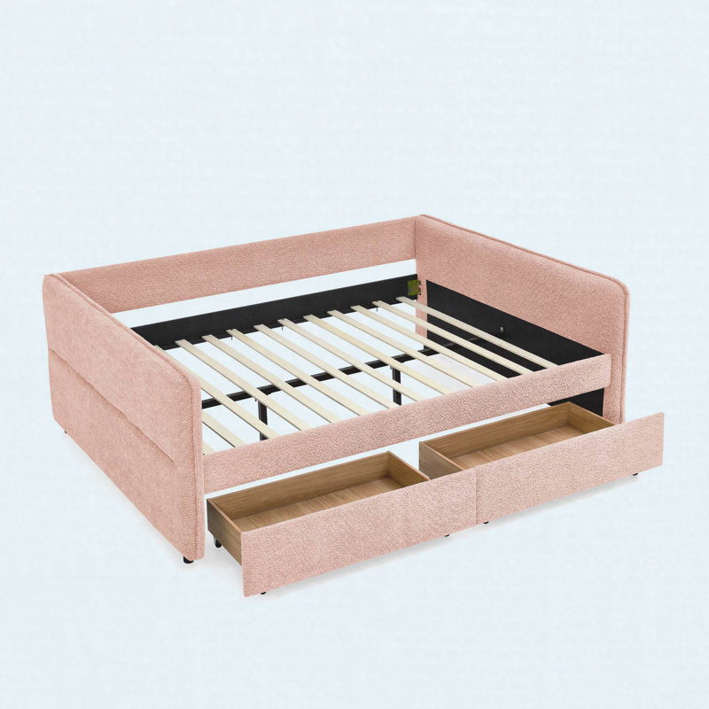 Grand lit de jour avec canapé-lit capitonné à deux tiroirs, tissu Boucle (88 po x 65,5 po x 29,5 po), Pink
