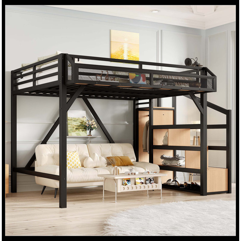 Full Loft Bed With Storage Stairs, Shelves And Built-In Wardrobe, Metal Loft Bed Frame With USB Ports And LED Lights, Noise-Reduced Design, Natural Wood