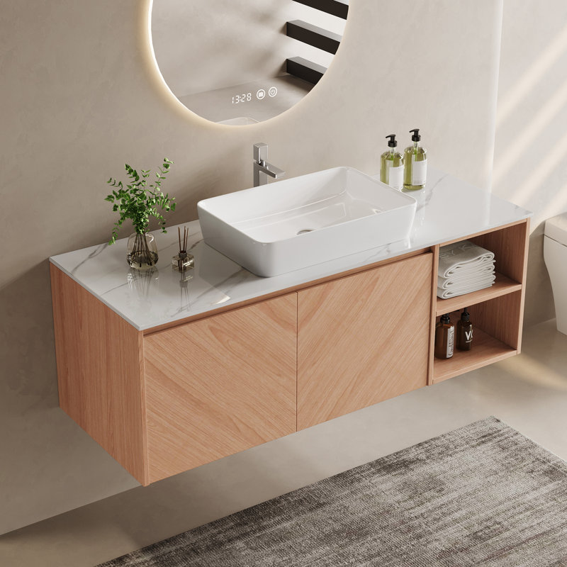 Bathroom Single Vanity Ceramic Basin, Light Wood, 48"