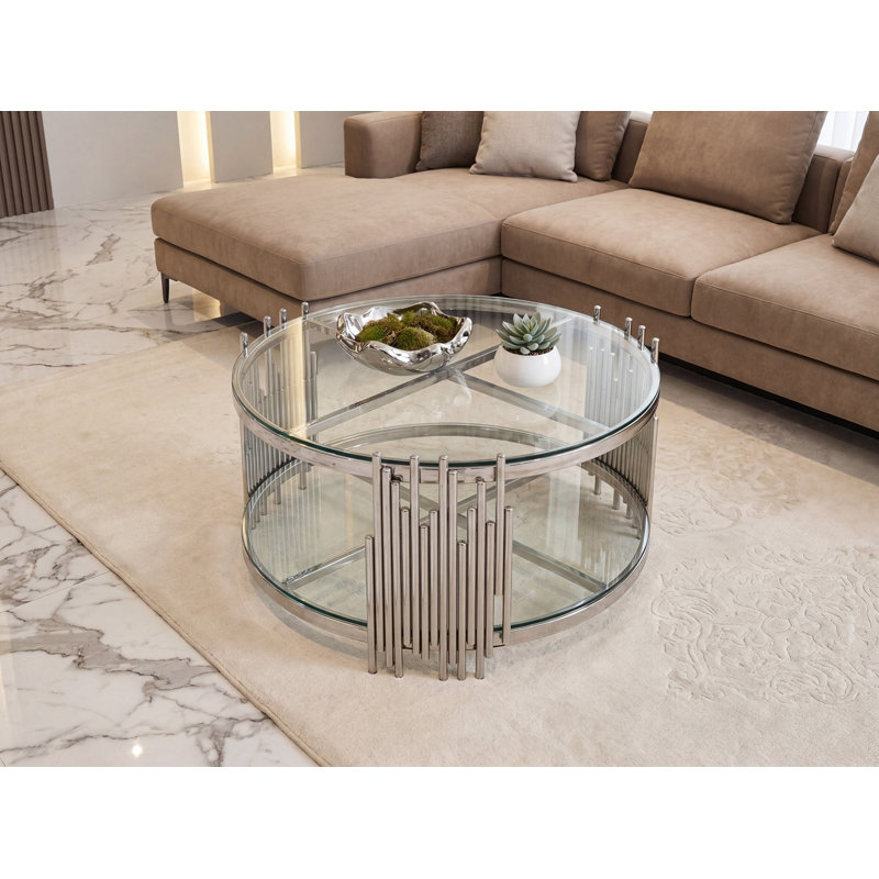 Table basse ronde en acier inoxydable en verre trempé double couche et argent