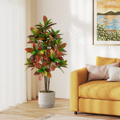 5 FT Artificial Croton Plant w/ Multi-colored PEVA Leaves Solid Wood Trunk