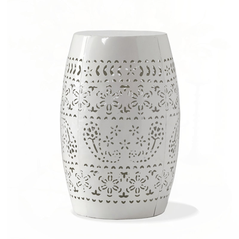 Lace Cut Metal Barrel Shape Accent Table, White