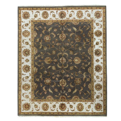Tapis gris / ivoire / brun noué à la main de conception unique 8 pi 2 po x 10 pi 2 po