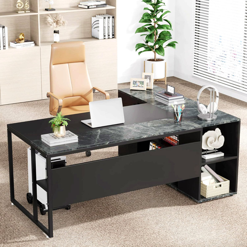 Bureau d'ordinateur en L 71 po, bureau d'ordinateur industriel noir avec armoire de rangement et tablettes