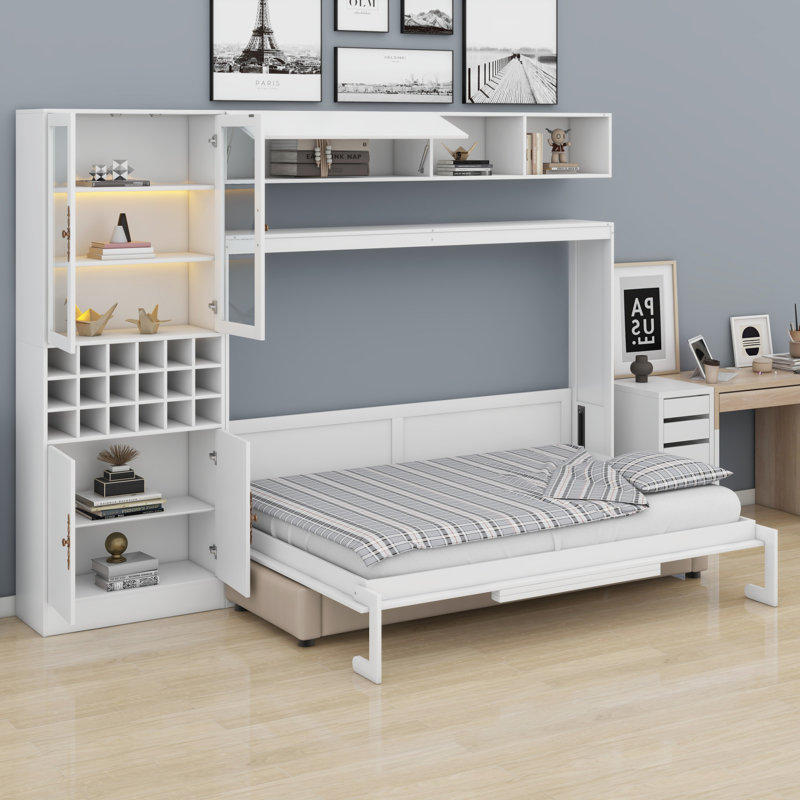 Lit escamotable avec canapé intégré et tablettes, Blanc