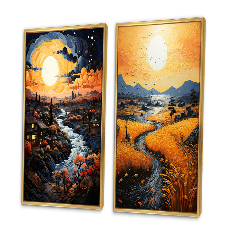 «Vangogh Village At Sunset», 2 pièces, Encadrement doré, H 24 po x l 20 po