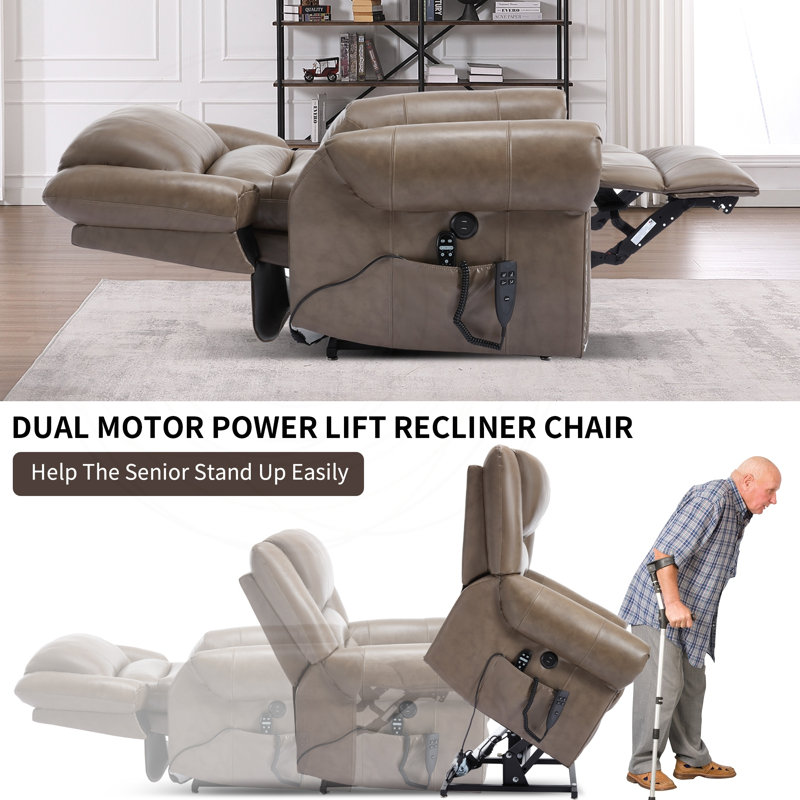Fauteuil inclinable électrique à deux moteurs avec cuir véritable et ports USB, Cuir véritable brun