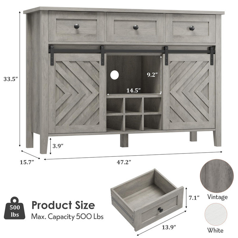 47.2" Farmhouse Buffet Cabinet with Sliding Barn Door, Rustic Sideboard with 3 Drawer & Removable Wine Rack, Gray, Gray