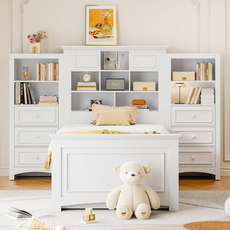 Lit plateforme simple en bois avec armoire verticale tout-en-un et 4 tiroirs de chaque côté, Blanc