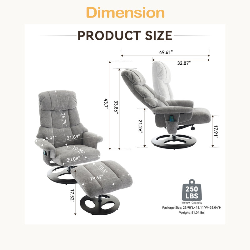 Ergonomic Recliner Chair With Ottoman, Modern 360° Swivel Lounge Chair With Footstool, Chenille Fabric, 5 Point Vibration Massage, Seat Heating & 140° Adjustable Backrest For Home Or Office