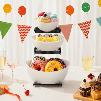 3 Tier Plastic Serving Bowls With Metal Stand, Chips And Dip Serving Tray Set For Entertaining Party, Crack-proof Serving Platters For Fruit/salad/snack/dessert Appetizer/candy