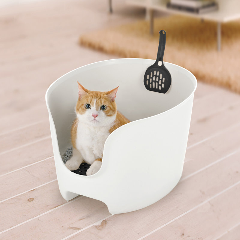 High Wall White and Black Plastic Cat Litter Box with Scoop
