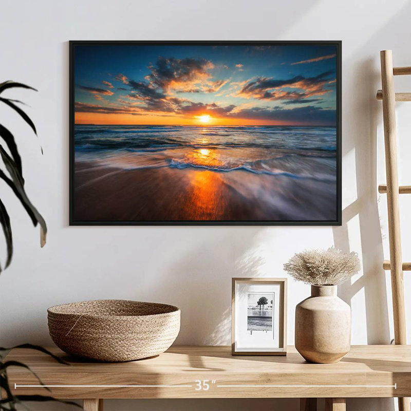Été, océan, lever de soleil, 25 po x 17 po, Cadre flottant noir