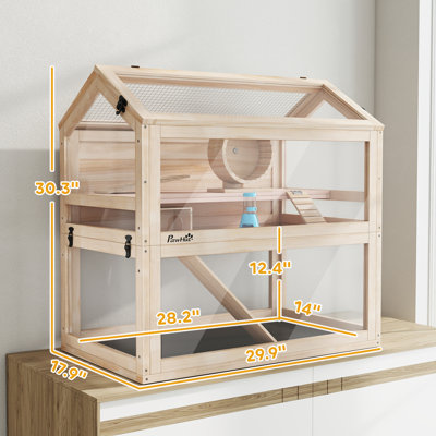 Wooden Hamster Cage, 3-Tier Small Animal Cage with Hut, Seesaw, Ramps, Exercise Wheel, Acrylic Panel and Bottom Tray, Dwarf Hamster Habitat for Small Geibil, Mice, 30" x 18" x 30"