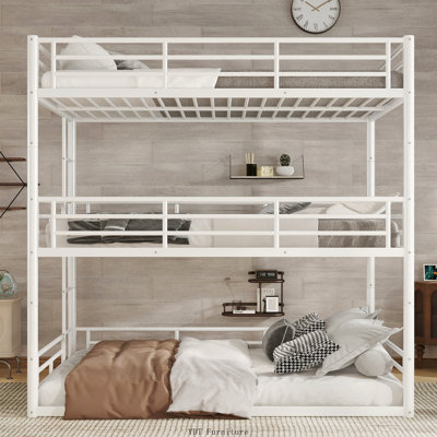 Full over Full over Full Metal Triple Bunk Bed | Heavy-Duty with Safety Guardrails & Noise-Reduced Design, White