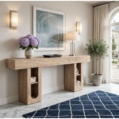 71 Inch Long Console Table with Built-In Outlet, Spacious Storage Shelves, and Heavy-Duty MDF for Hallways and Living Rooms