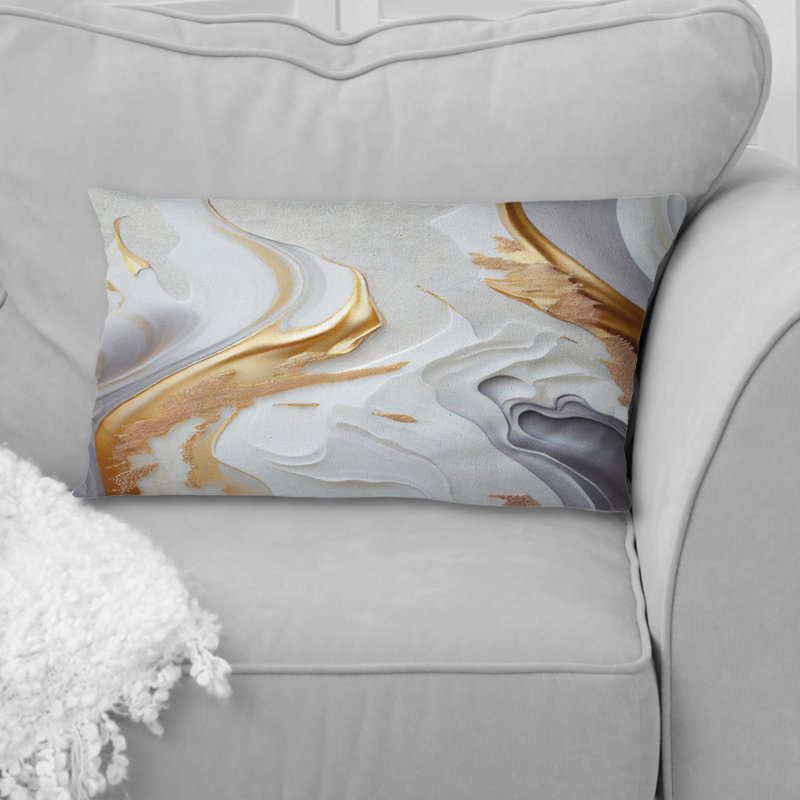 Blanc et marbre doré abstrait I - coussin abstrait en marbre imprimé, Rectangulaire, 12" x 20"