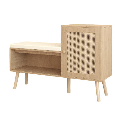 Premium 2-in-1 Shoe Storage Bench, Natural Rattan Shoe Cabinet with 2 Adjustable Shelves and
