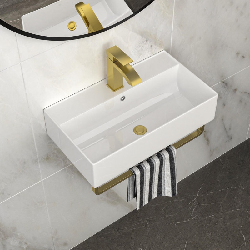 21" Wall-Mounted Single Bathroom Sink with Towel Rack, Gold