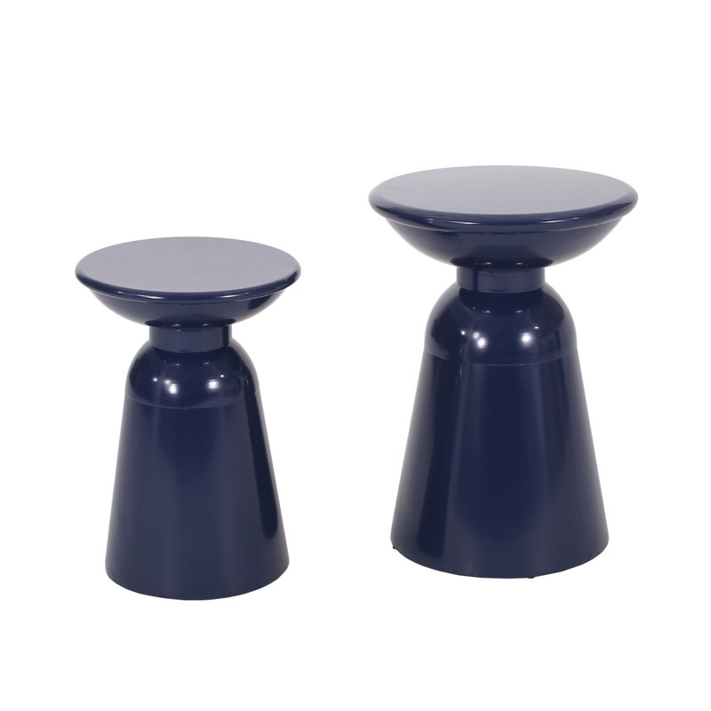 Serenita Outdoor Iron Side Tables With Flared Design, Set Of 2, Navy Blue