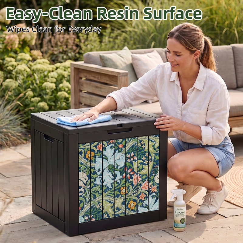35 Gallon Black Decorative Print Resin Deck Box with Decorative Printed Panels