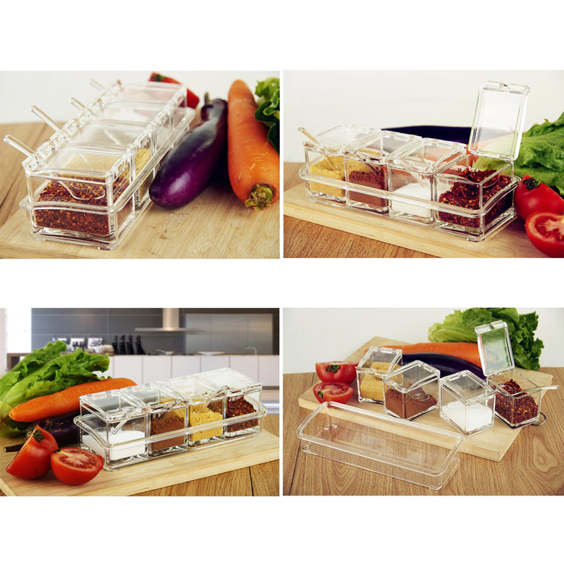 4 Pack Clear Condiment Storage Containers With Spoon For Spice Salt Sugar Bottles