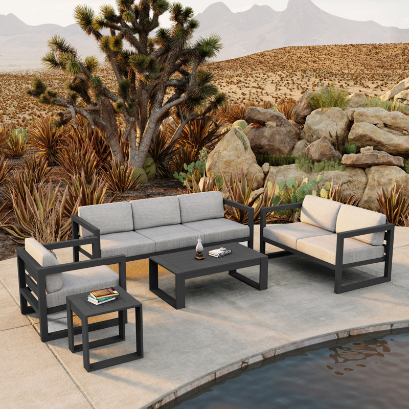 Avion 5 Piece Sofa Seating Group with Sunbrella Cushions, Cast Silver Sunbrella®, Slate