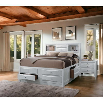 Grand lit blanc avec rangement pour tête de lit bibliothèque, 8 tiroirs dans différentes pièces, tiroirs à glissière en métal encastré, 5 plateformes à lattes