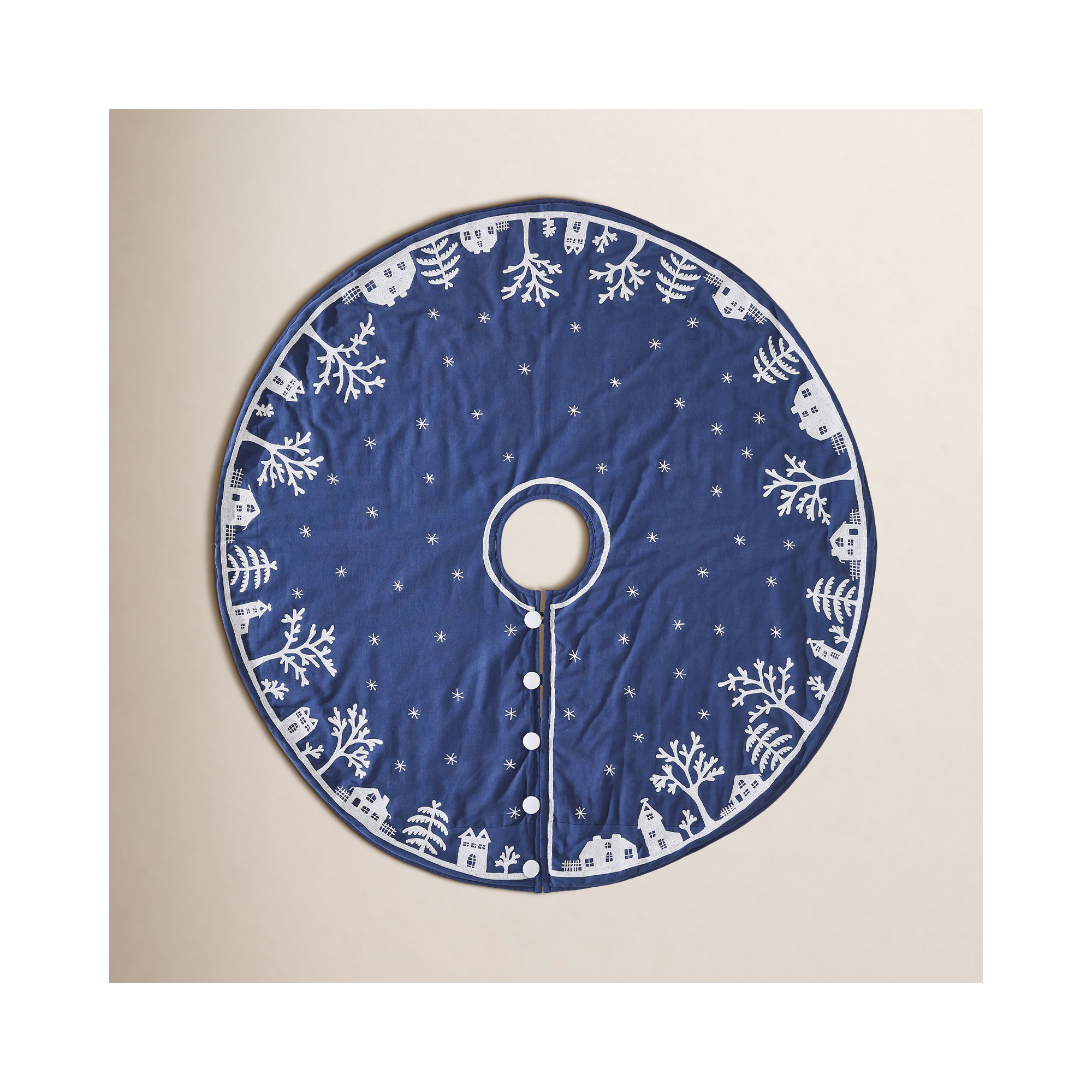 Handmade Christmas Tree Skirt in Cotton - Village Scene on Navy Blue - 60"