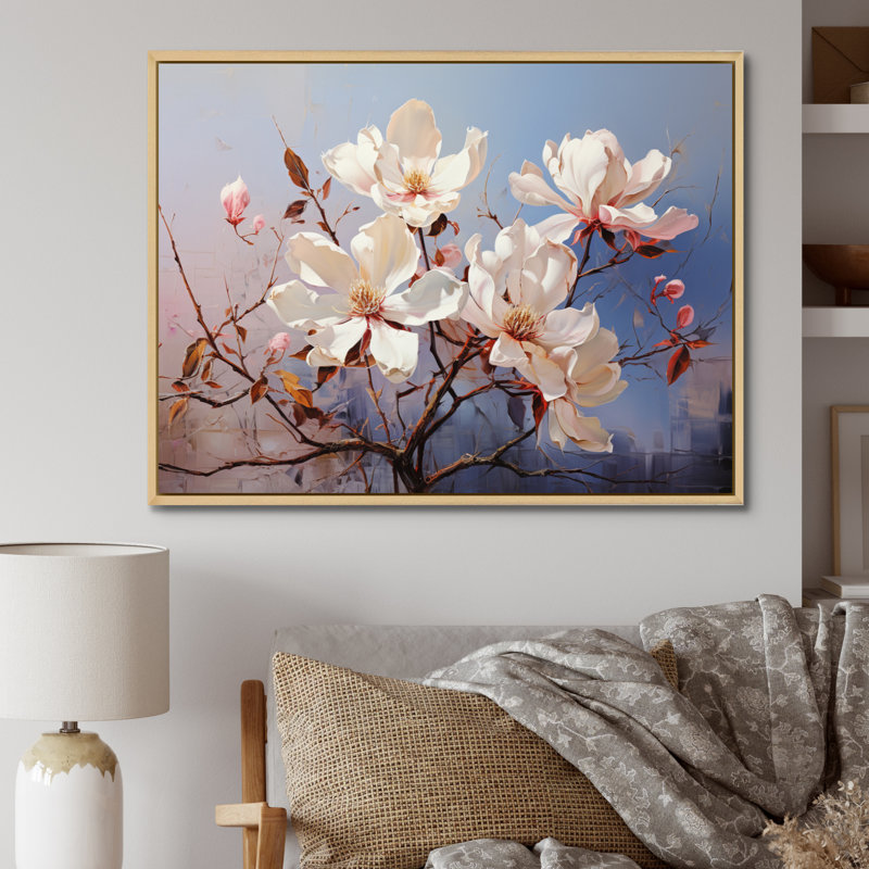 " White Blue Magnolias Romantic Impression ", H 16 po x l 32 po x P 1 po, Cadre naturel flottant