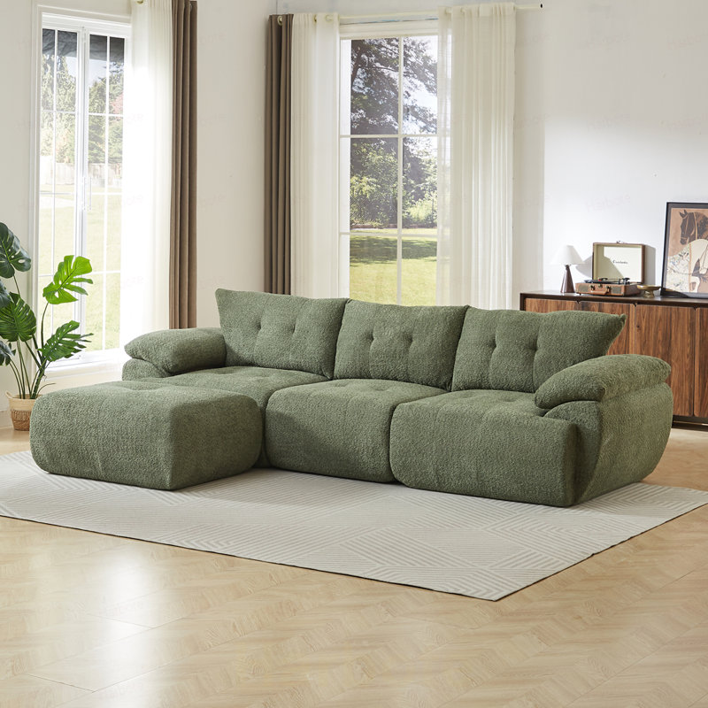 Grand canapé moderne à 3 places, canapé en chenille, dossier rembourré, dossier en corne courbée, Chenille-vert