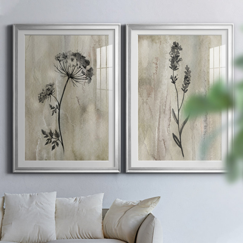 «Sumi-e Silhouette I», ensemble de 2 reproductions d'art, Impression encadrée, H 26,5 po x l 73 po, Argent argent
