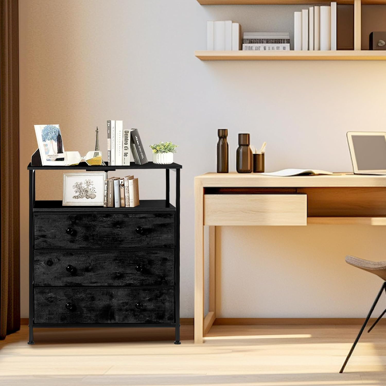 NightStand With Charging Station, LED Bedside Table With 2 Fabric Drawers Storage Shelf 3 Usb Ports And 2 Outlets