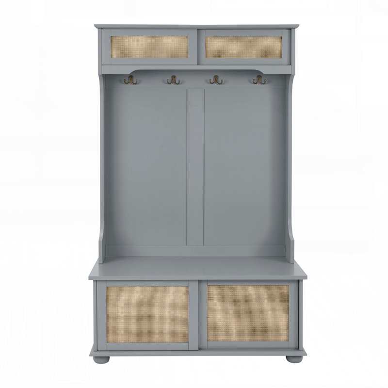 Hall Tree with Bench, Shoe Rack, and Rattan Door for Entryway Storage and Organization, Combining Style and Functionality.