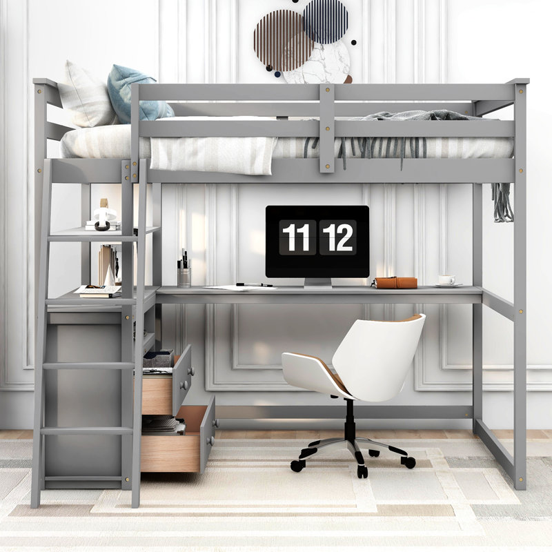 Evo 2 Drawer Loft Bed with Built-in Desk and Shelves, Gray, Full