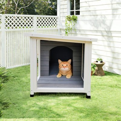 Outdoor Gray Cat House With Waterproof Roof, Ventilated Windows, And Sturdy Metal Support – Spacious & Stylish Pet Shelter For Cats