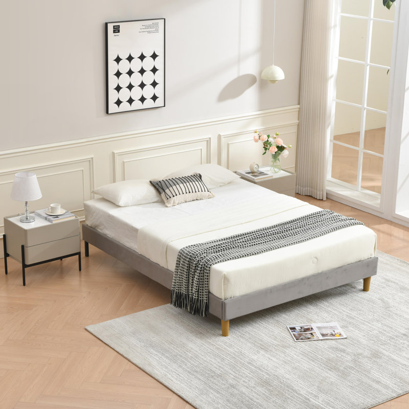Lit plateforme en tissu d'ameublement, gris, Double