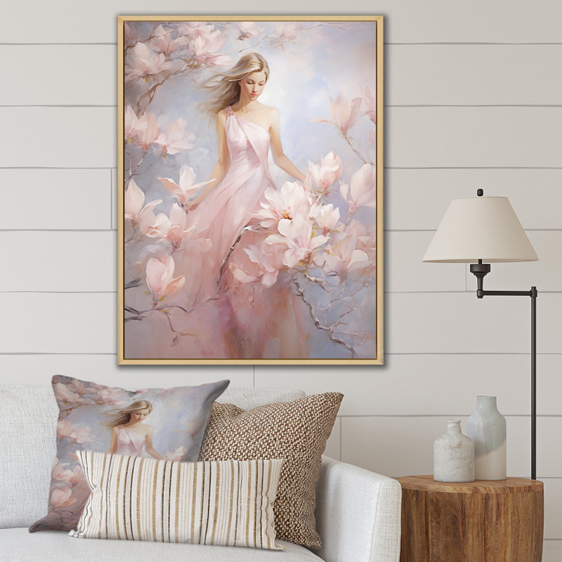 «White Pink Magnolias», impression romantique sur toile, H 32 po x l 16 po x P 1 po, Cadre naturel flottant
