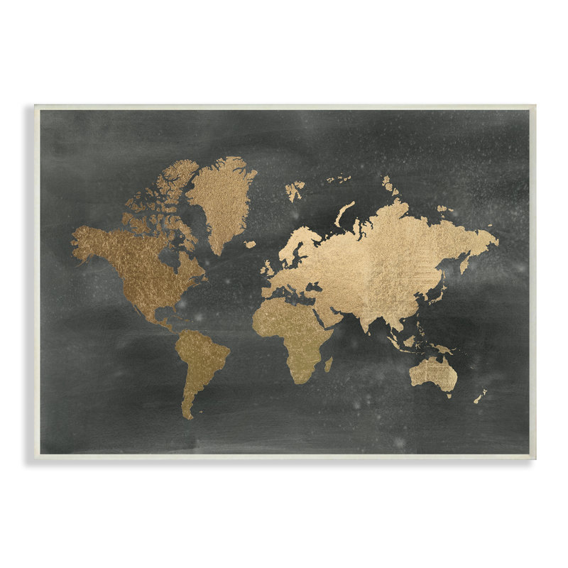 «Black and Gold World Map Stretched», reproduction d'impression, 10 po x 15 po, Plaque murale