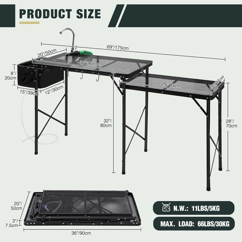 Table de cuisine portable d'extérieur avec évier, robinet et station de préparation pliante