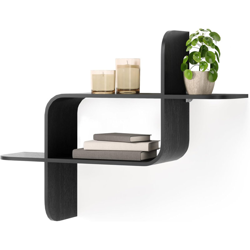 Wall Shelf - Modern Geometric Bentwood Display Shelf For Home Decor - Horizontal Or Vertical Mounting, Black