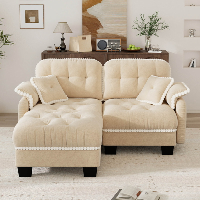 Canapé modulaire rembourré 70 po avec repose-pieds, 2 coussins décoratifs et garniture à pompons 70 po, Chenille beige