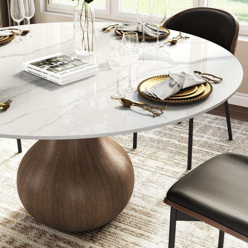 Ensemble de table de salle à manger en noyer foncé 5 pièces Otelia + grandes chaises noires pour 4/6/8/10, Blanc lustré