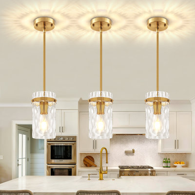1 - Light Gold Modern Pendant Light With Cylinder Clear Hammered Glass Shade 