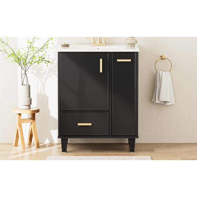 Meuble-lavabo 24 po avec lavabo, armoire de salle de bain avec tablette de porte, tiroir profond, panier coulissant à 2 niveaux, structure en bois massif et panneau de fibres à densité moyenne, un paquet, noir