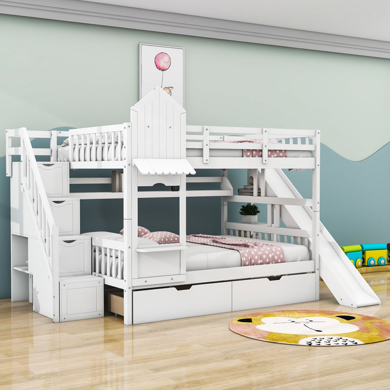 Jahmya 2 Drawers Wood Bunk Bed with Shelves and Slide, White, Full over Full