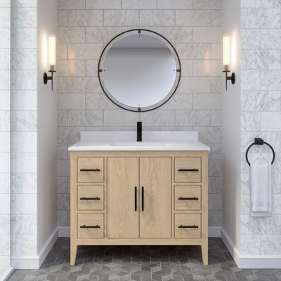 Vance Solid Wood 60" W x 22" D White Oak Double Sink Bathroom Vanity with Diamond Quartz Top, Power Bar with USB, Drawer Organizer, Undermount Ceramic Sink, Pre-Assembled 