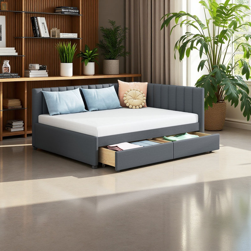 Full Size Upholstered Daybed With 2 Storage Drawers Sofa Bed, Gray
